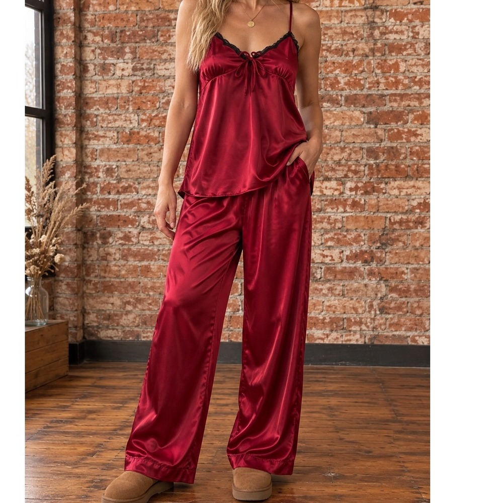 Red Satin Lace Trim Pajama Set Camisole Wide Leg Pants Coquette Romantic Lounge